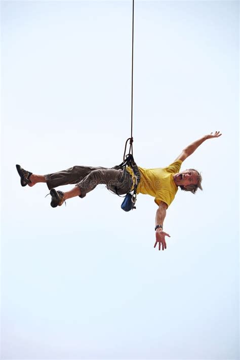 Happy Rock Climber Hanging On Rope Stock Image Image Of Climber Rock