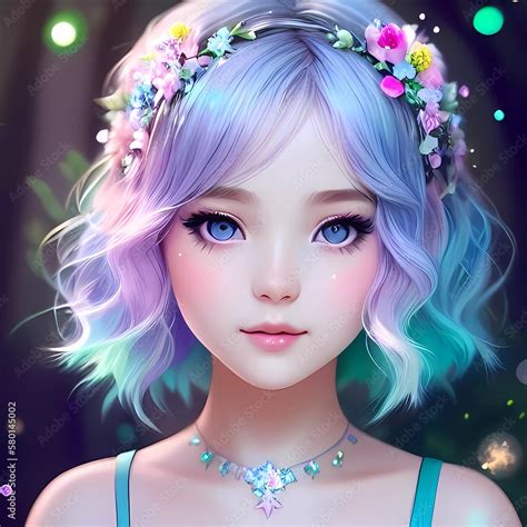 Cute Forest Fairy Portrait Of The Girl With A Wreath Of Flowers Anime