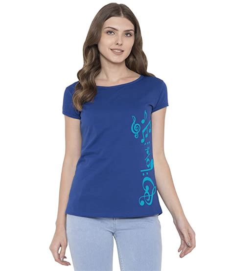 Buy American Elm Royal Blue Round Neck Cotton Printed Cap Sleeves T