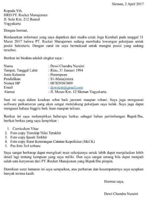 Contoh Surat Lamaran Kerja Semi Block Style Bahasa Indonesia