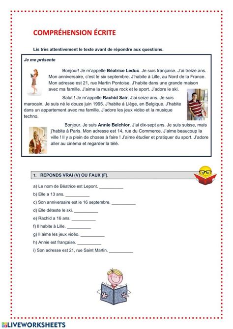 Compr Hension Crite Interactive Worksheet Basic French Words French