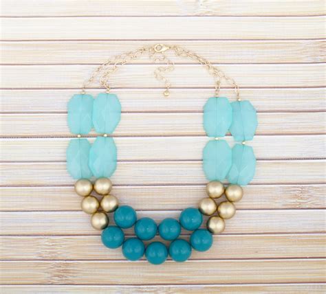 Statement Necklace Turquoise Gold Chunky Necklace Big Etsy