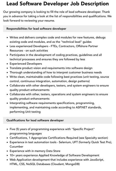 Lead Software Developer Job Description Velvet Jobs