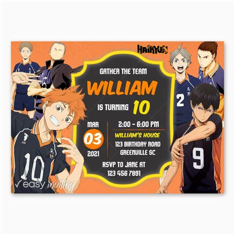 Haikyu Birthday Invitation Volleyball Anime Easy Inviting