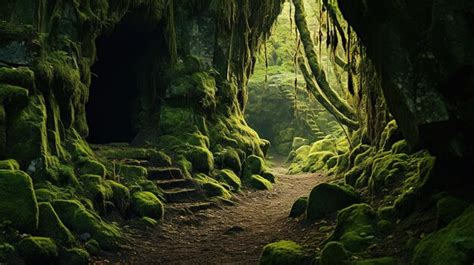 Premium Ai Image A Path Through A Moss Covered Cave