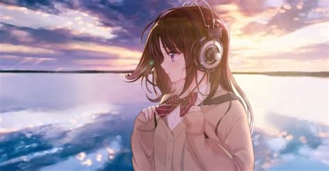 Wallpaper Anime Girl Horizon School Uniform Headphones