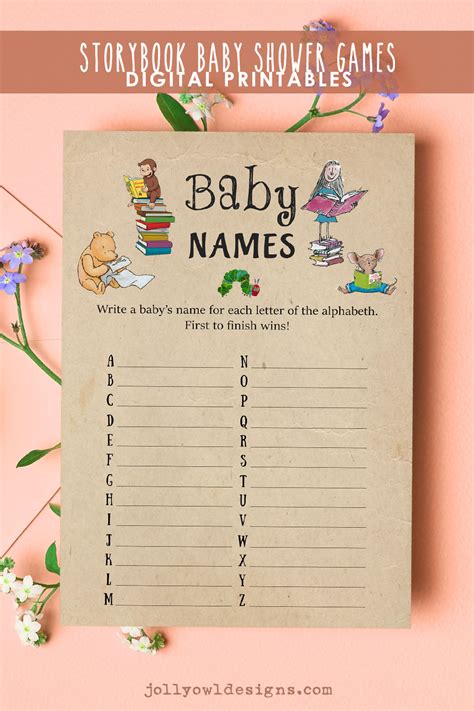 Book Themed Baby Shower Game Card Baby Name Game Jolly Owl Designs
