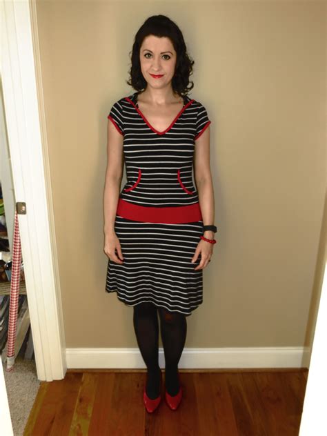 Red, black, and white striped sporty dress, black hose, red pumps | Sporty dress, Red pumps, Outfits