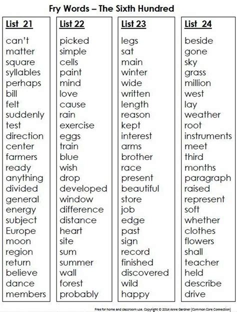 6th Grade Reading Sight Word List