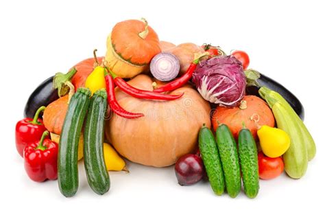 Heap Different Fruits Vegetables And Berries Isolated On White Stock