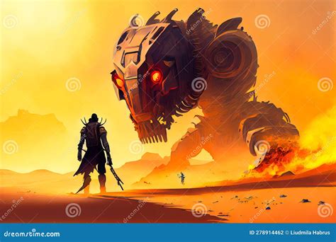 Escena Futurista De Una Batalla En El Desierto Con Un Monstruo Ai