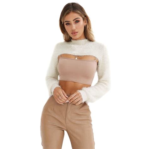 Women Ultra Short Crop Sweater Solid Plush High Neck Long Sleeve Cutout