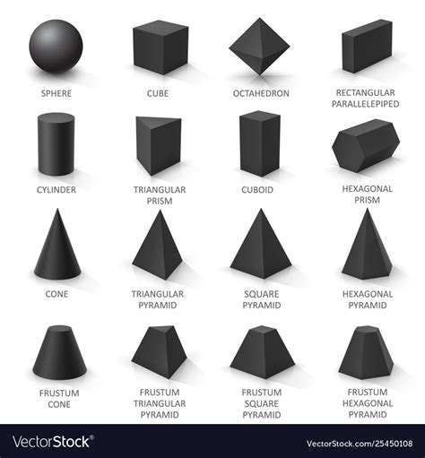 Set Basic 3d Shapes Black Geometric Solids Vector Image