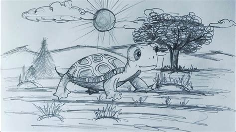 How to draw a Tortoise | Scenery Drawing | Narrated step ... Sunset scenery drawing in pencil for beginners step by step, pencil drawing for beginners.