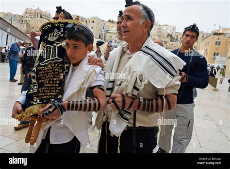 Thora Bar Mitzvah Ceremony Western Wall Jerusalem Israel Stock Photo