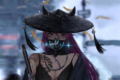 Oni Mask Samurai Girl Cyberpunk Art K Wallpaper Download