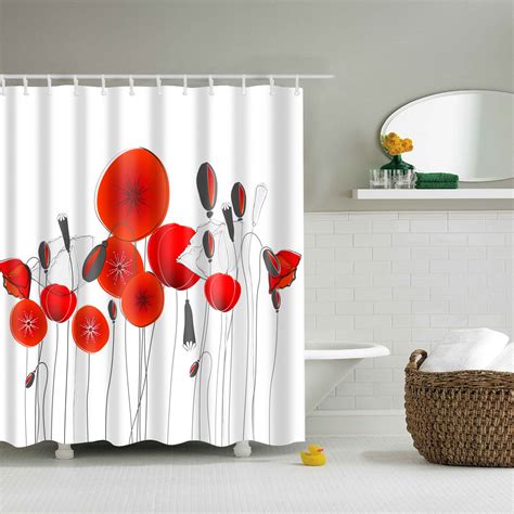 Poppy Field Shower Curtain White And Red Flower Bathroom Decor