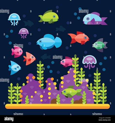 Underwater Life With Sea Animals In Flat Style Water Ocean Animal Fish