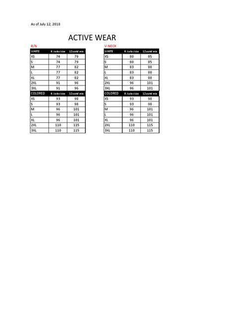 Active Life Size Chart Pdf