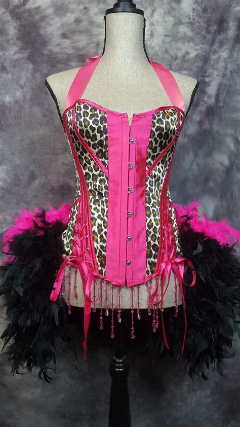 Medium Hot Pink Leopard Burlesque Corset Costume Steampunk Jungle Print Moulin Cosplay Dress