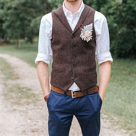 Wool Groom Vests 2021 Fashion Dark Brown Tweed Herringbone Pockets Mens