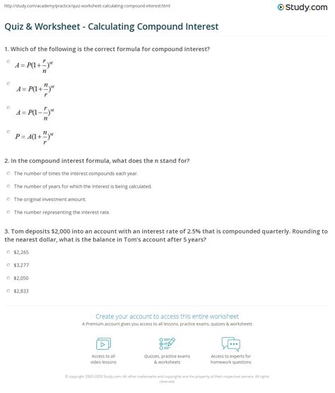 Quiz And Worksheet Calculating Compound Interest