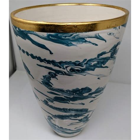Italian European Oversized Teal Swirl Ceramic Vase With Gold Rim Chairish