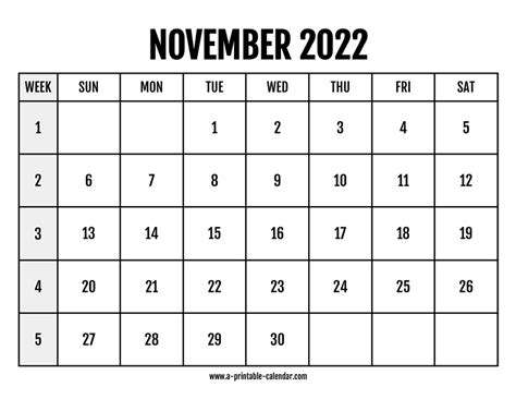 Calendar 2022 November A Printable Calendar