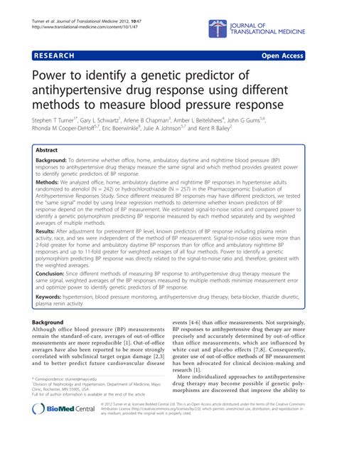 PDF Power To Identify A Genetic Predictor Of Antihypertensive Drug Response Using Different