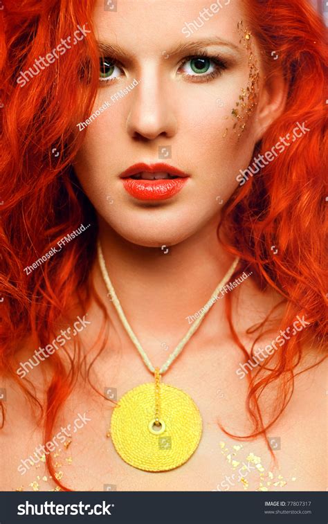 Sexy Redhead Girl Unusual Makeup Necklace Stock Photo
