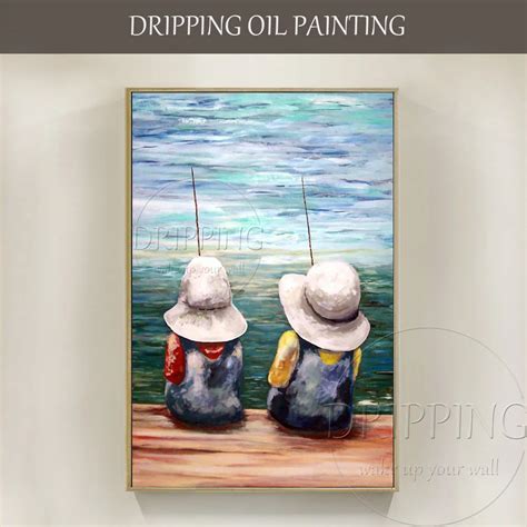 Pure Hand Painted High Quality Children Fishing Oil Painting On Linen