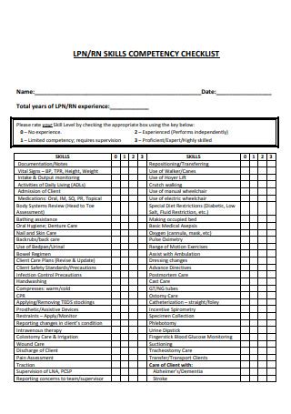Sample Nursing Competency Checklist In Pdf Ms Word