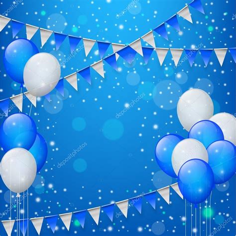 Happy Birthday With Balloons Confetti Ribbon And Triangular Flags In