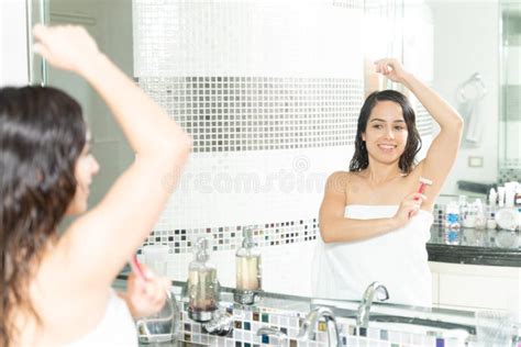 Caucasian Woman Shaving Her Armpits Stock Photo Image Of Morning