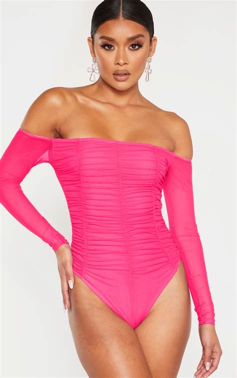Hot Pink Mesh Ruched Panel Bardot Bodysuit Prettylittlething