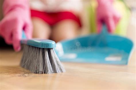 Housework Cleaning And Housekeeping Concept Woman With Brush Stock Image Image Of Gloves
