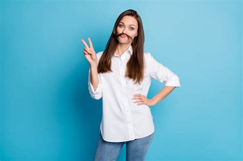 Premium Photo Photo Of Pretty Lady Playing Long Hairstyle Curl Making Mustache Showing V Sign