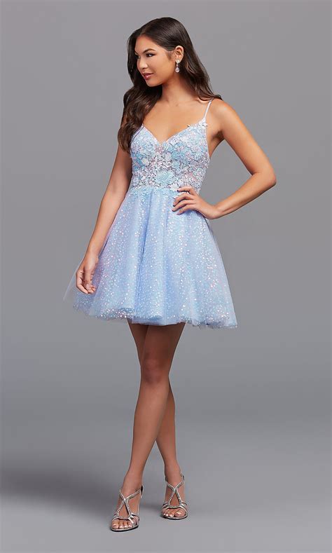 sheer bodice light blue sequin short homecoming dress