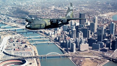 Old School Camo Painted C 130 Flying Over Point State Park Rpittsburgh