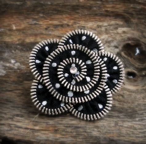 Zipper Brooch Black And Silver Polka Dot Flower By Zipperdesign