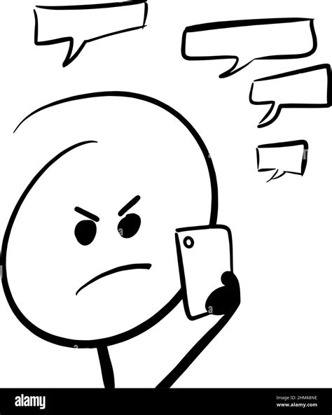 Angry Stick Figure Holding Mobile Device With Blank Speech Bubbles