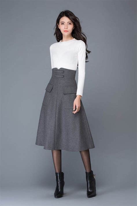 High Waisted Wool Skirt In Gray Midi Skirt Winter Skirts Etsy Uk