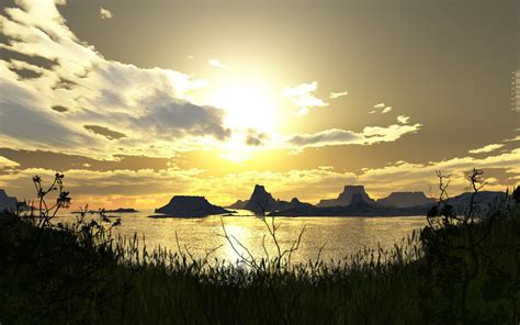 Wallpaper Sunlight Sunset Sea Nature 3d Render Reflection Sky