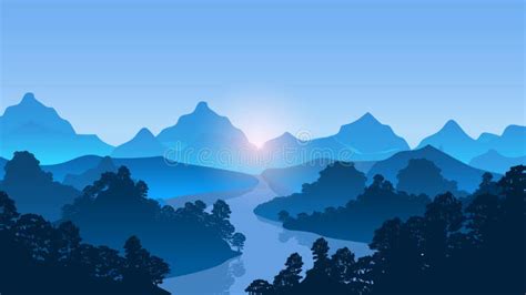 Mountains With River And Forest Trees Landscape Vector Illustration