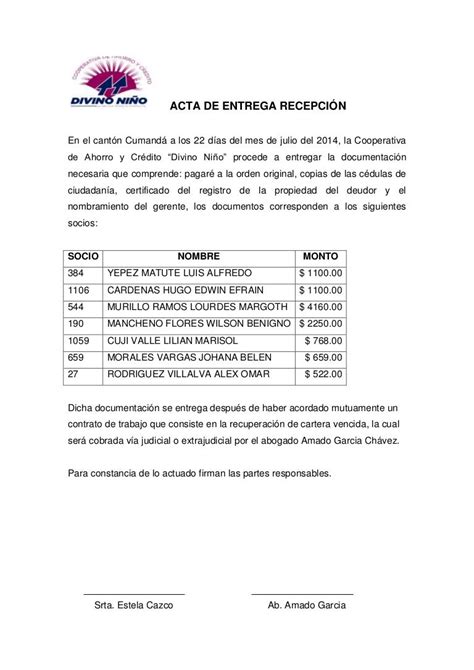 Ejemplo De Acta De Entrega Y Recepcin Ejemplo De Acta