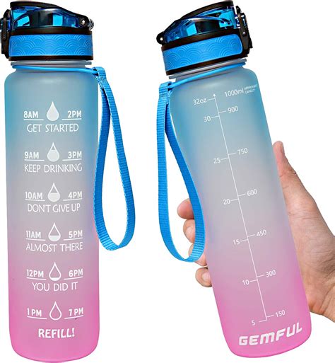 Gemful 1l Water Bottle With Motivational Time Marker With Straw Tritan