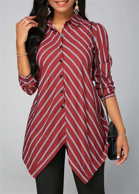 Turndown Collar Stripe Print Long Sleeve Shirt Trendy Tops For Women