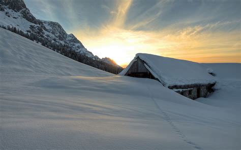 Wallpaper 2560x1600 Px Barns Cabin Mountain Nature Snow Sunset