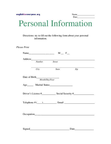 Personal Information Worksheet For 12th Higher Ed Lesson Planet