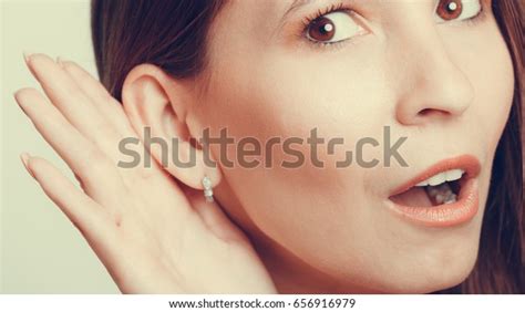 Shocked Gossip Girl Eavesdropping Hand Ear Stock Photo 656916979